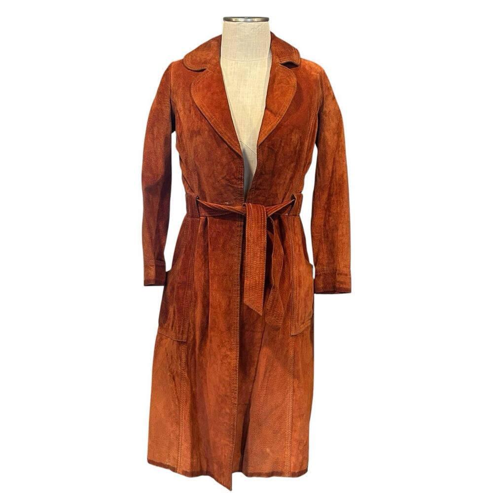 1970s Vintage Cognac Suede Leather Duster Zip Lining Sz 6